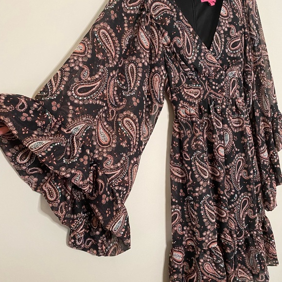 BETSEY JOHNSON PAISLEY PRINT BOHO RUFFLED DRESS BROWN AND PINK SZ 8 - Picture 7 of 8